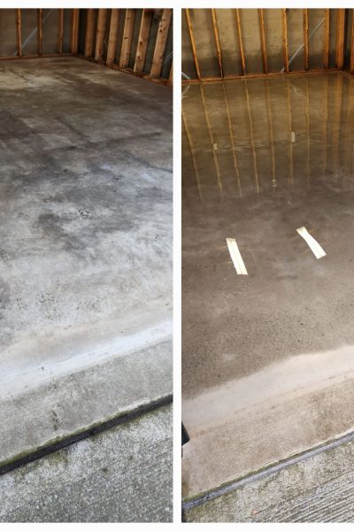 Side-by-side comparison of a dusty, stained concrete garage floor before and after a professional grind and seal service in Halifax, showing a clean, uniform finish.